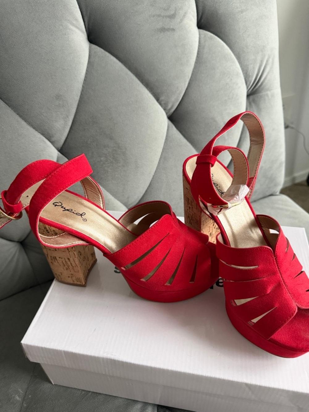 Qupid Red Suede Platform Sandal Heels